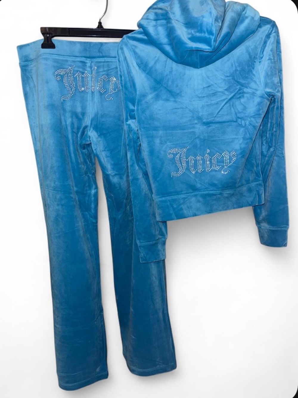 Juicy Couture Aqua Turquoise Velour Hoodie & Pants Set with Rhinestone Logo NWT